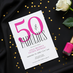 Modern Minimal Fifty Fabulous Bright Pink Birthday Invitation