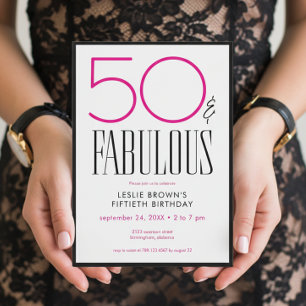 Modern Minimal Fifty Fabulous Pink White Birthday Invitation