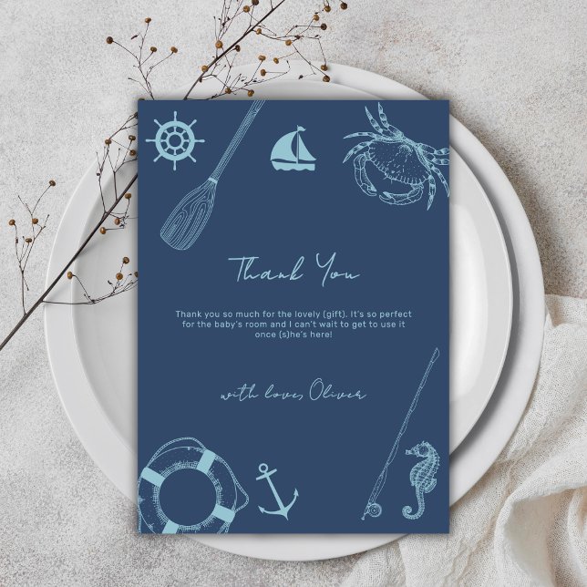 Modern Minimal Fishing Nautical Boy Baby Shower  Thank You Card (Modern Minimal Fishing Nautical Boy Baby Shower Thank You Card)