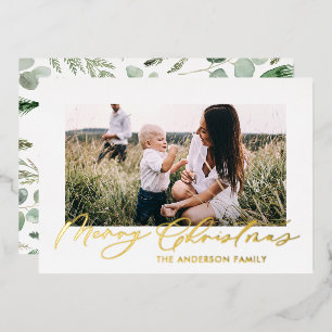 Modern minimal foliage 1 photo script elegant foil holiday card