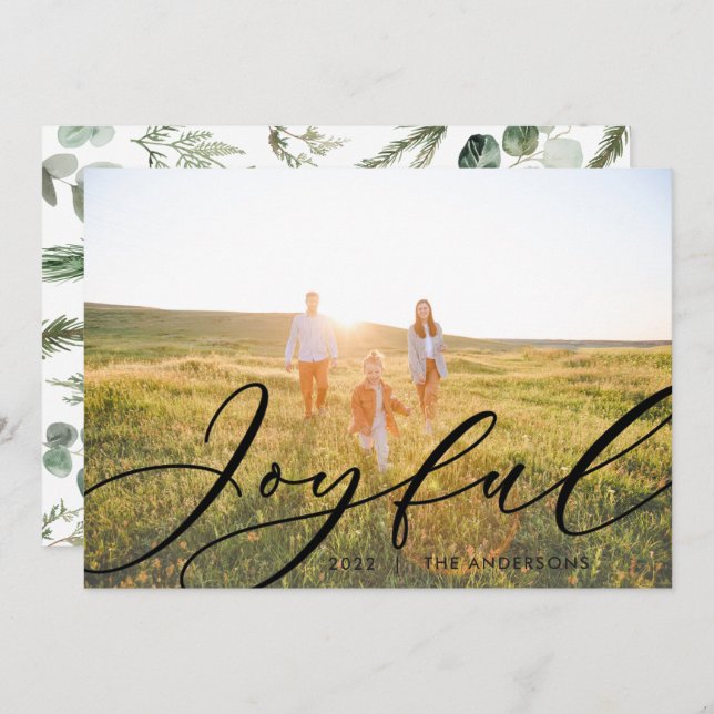 Modern minimal foliage 1 photo script elegant holiday card (Front/Back)