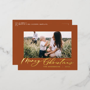 Modern minimal foliage 1 photo script elegant rust foil holiday postcard
