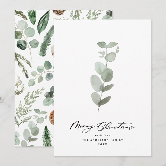 Modern minimal foliage eucalyptus script Christmas Holiday Card (Front/Back)