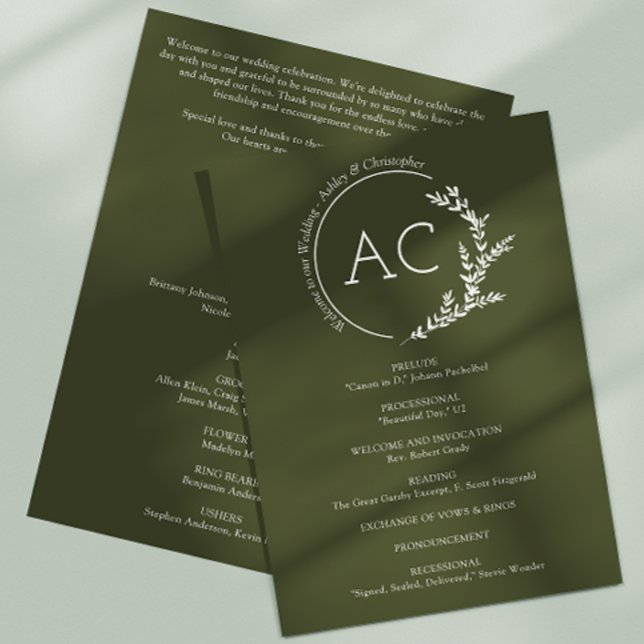 Modern Minimal Foliage Frame Olive Green Wedding Programme (Creator Uploaded)