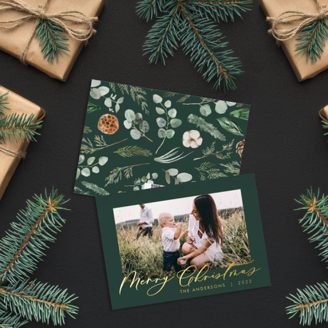 Modern minimal foliage photo script elegant green foil holiday card (Creator Uploaded)
