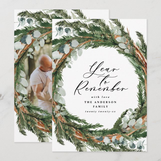 Modern minimal foliage wreath 1 photo Christmas Holiday Card (Front/Back)