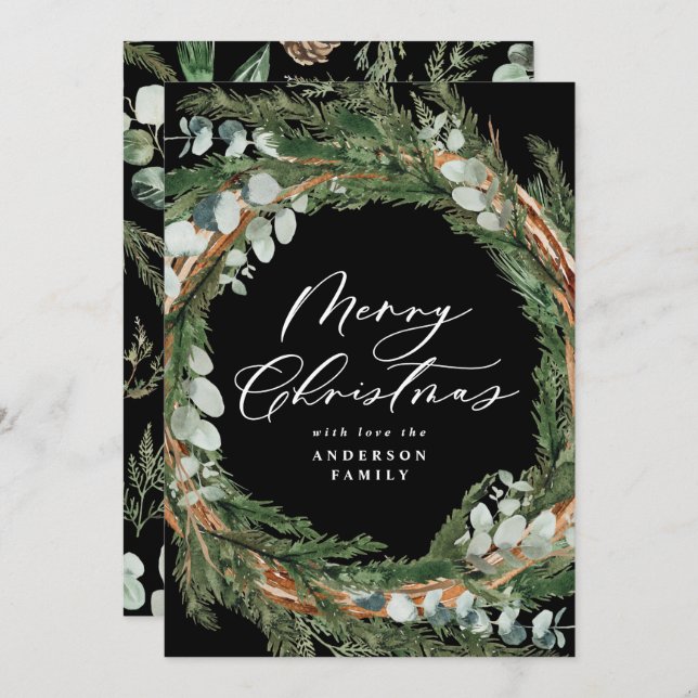 Modern minimal foliage wreath black Christmas Holiday Card (Front/Back)