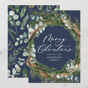 Modern minimal foliage wreath blue Christmas Holiday Card
