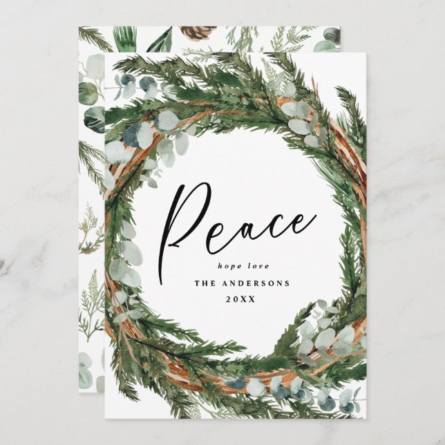 Modern minimal foliage wreath peace script holiday (Front/Back)