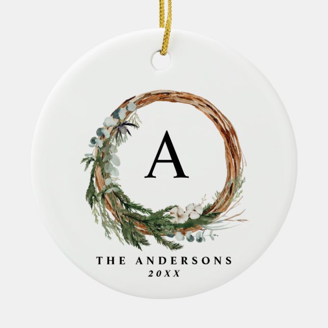 Modern minimal foliage wreath peace script holiday ceramic tree decoration (Front)