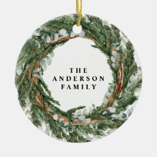 Modern minimal foliage wreath peace script holiday ceramic tree decoration