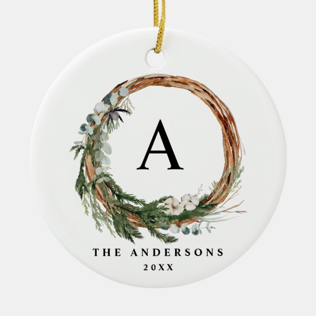 Modern minimal foliage wreath peace script holiday ceramic tree decoration (Front)
