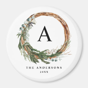 Modern minimal foliage wreath peace script holiday magnet