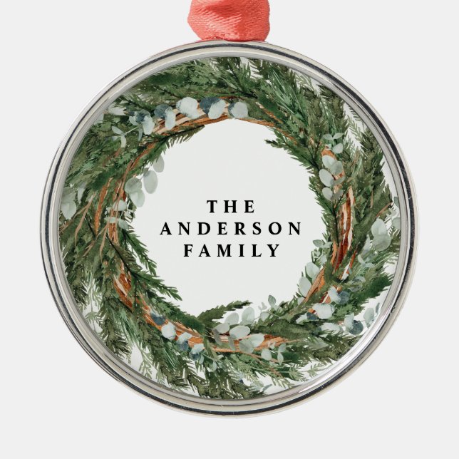 Modern minimal foliage wreath peace script holiday metal tree decoration (Front)