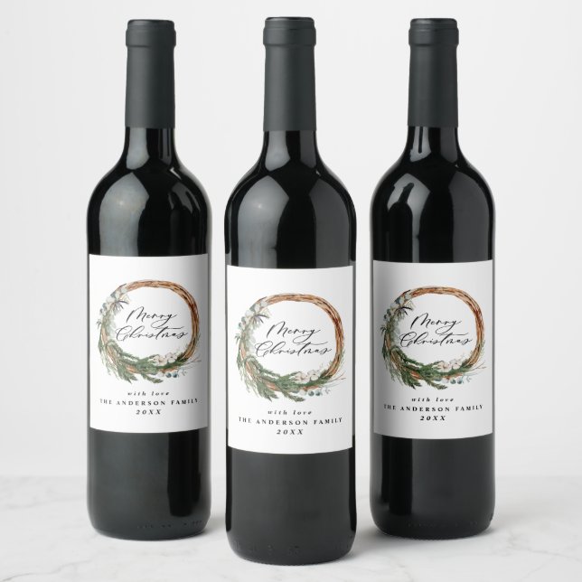 Modern minimal foliage wreath peace script holiday wine label (Bottles)