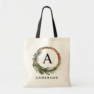 Modern minimal foliage wreath photo scrip name tote bag