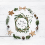 Modern minimal foliage wreath script Christmas Holiday Card<br><div class="desc">Modern minimal foliage wreath script Merry Christmas holiday Christmas card. Hand painted eucalyptus,  pine tree branch,  minimal foliage and modern rustic rattan wreath give this holiday card a luxurious feel. In classy greens,  browns and grays.</div>