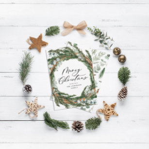 Modern minimal foliage wreath script Christmas Holiday Card