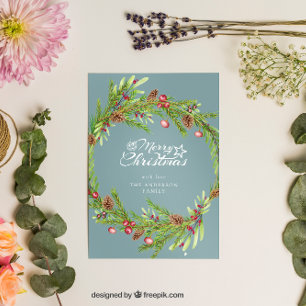 Modern minimal foliage wreath script Christmas Holiday Card