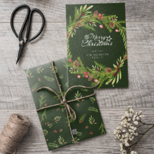 Modern minimal foliage wreath script Christmas Holiday Card