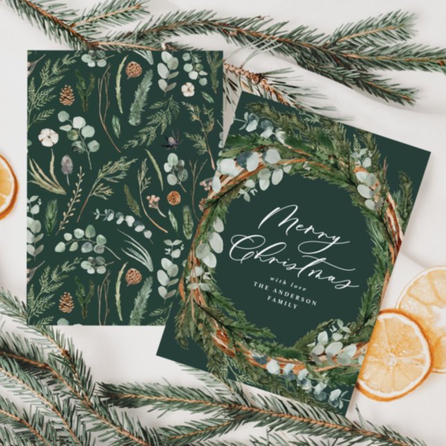 Modern minimal foliage wreath script Christmas Holiday Card (Creator Uploaded)