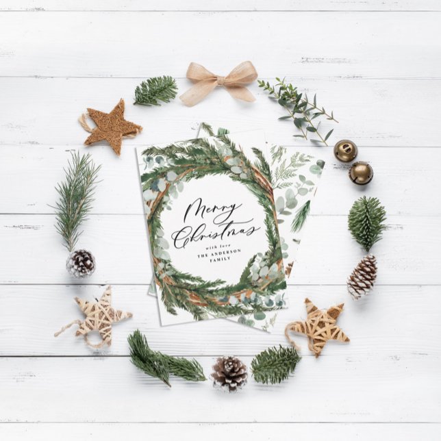 Modern minimal foliage wreath script Christmas Holiday Card (Creator Uploaded)