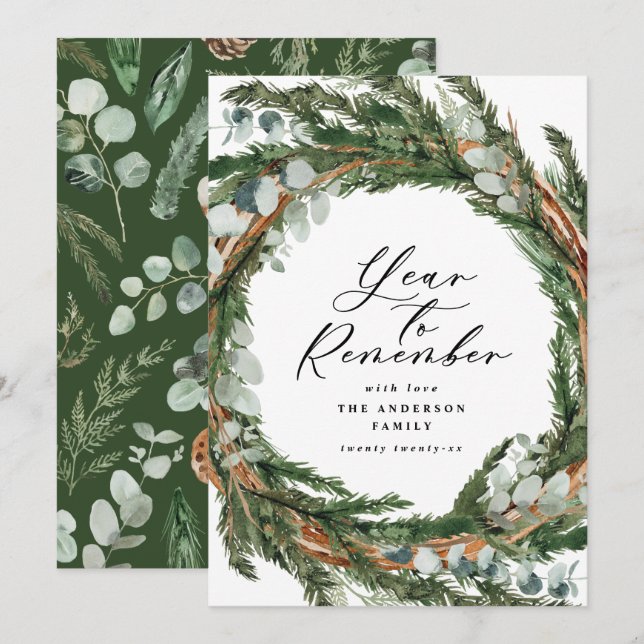 Modern minimal foliage wreath script Christmas Holiday Card (Front/Back)