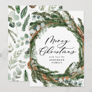 Modern minimal foliage wreath script Christmas Holiday Card