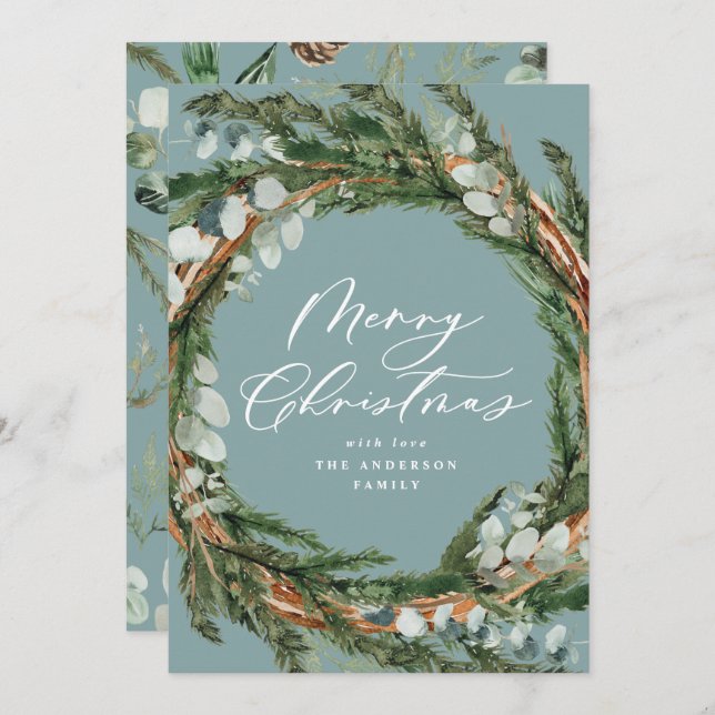 Modern minimal foliage wreath script Christmas Holiday Card (Front/Back)