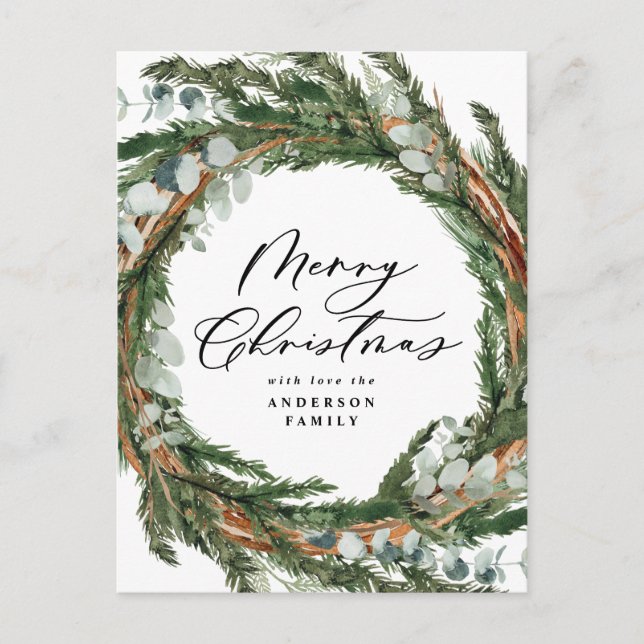 Modern minimal foliage wreath script Christmas Holiday Postcard (Front)