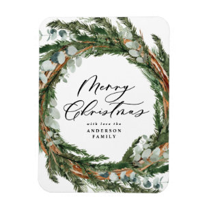 Modern minimal foliage wreath script Christmas Magnet