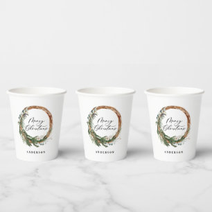 Modern minimal foliage wreath script Christmas Paper Cups