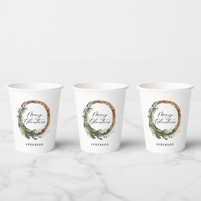Modern minimal foliage wreath script Christmas Paper Cups (Multi)