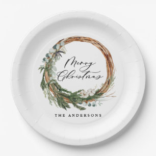 Modern minimal foliage wreath script Christmas Paper Plate