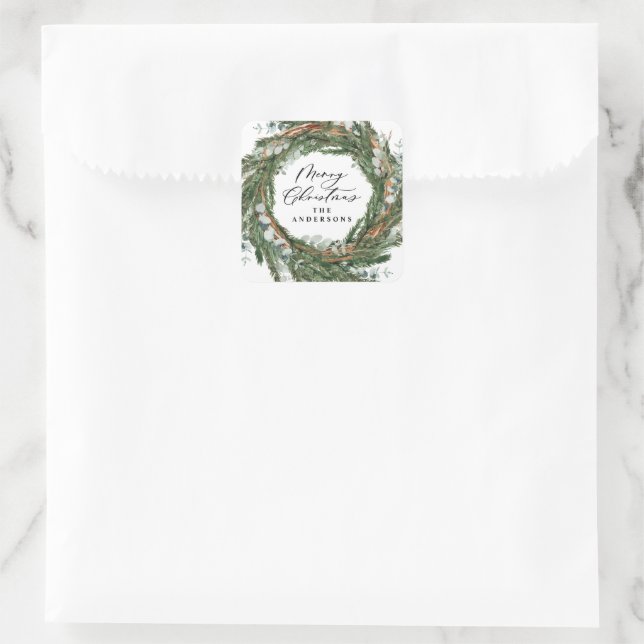 Modern minimal foliage wreath script Christmas Square Sticker (Bag)