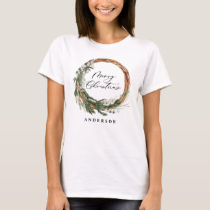 Modern minimal foliage wreath script Christmas T-Shirt