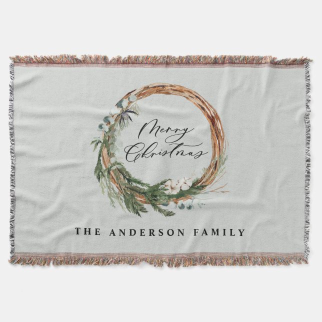 Modern minimal foliage wreath script Christmas Throw Blanket (Front)