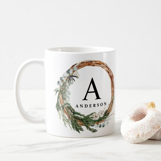 Modern minimal foliage wreath script holiday coffee mug (With Donut)