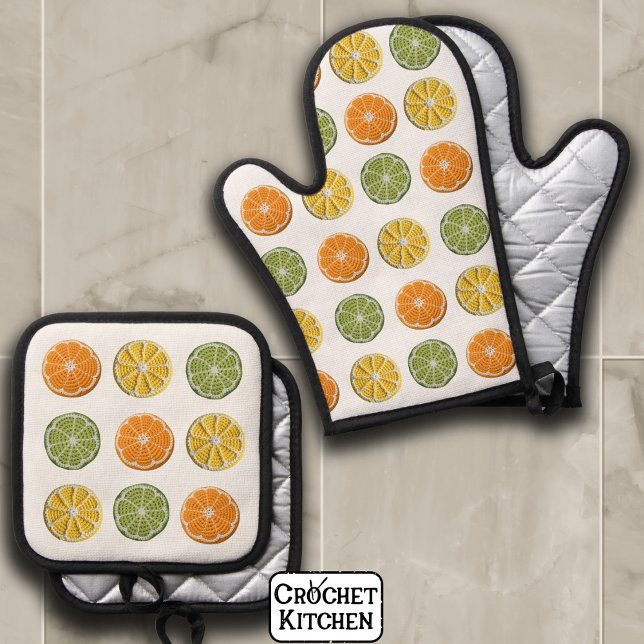 Modern Minimal Fresh Crochet Citrus Slices Pattern Oven Mitt & Pot Holder Set (Creator Uploaded)