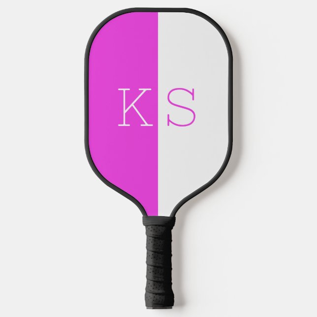 Modern Minimal Fuchsia Pink & White Monogram Pickleball Paddle (Front)