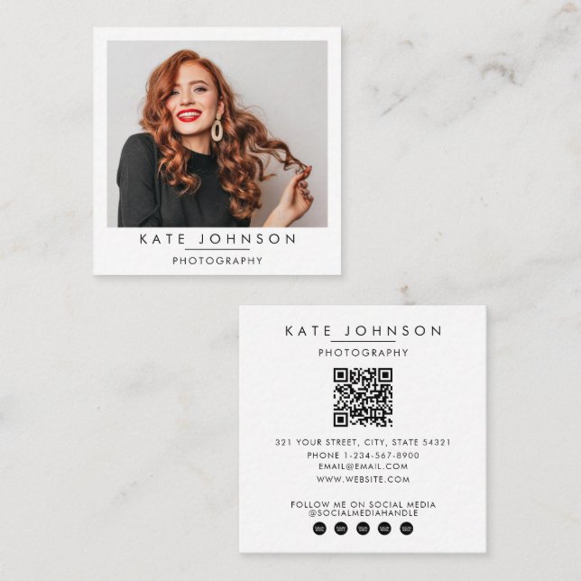 Modern Minimal Full Photo QR Code Social Media Square Business Card (Front/Back)