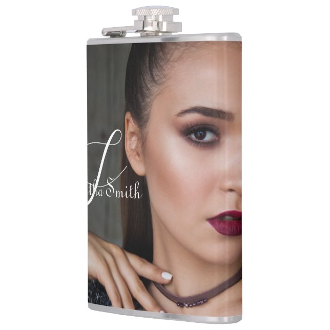 Modern Minimal Full Photo Script Monogram Hip Flask (Left)