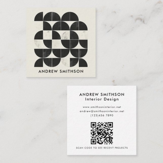 Modern Minimal Geometric Black White Shape QR Code Square Business Card (Front/Back)