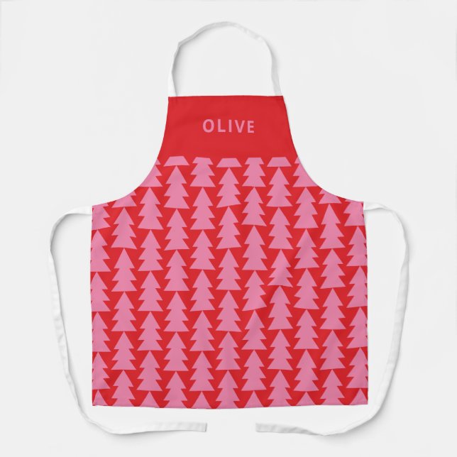 Modern minimal geometric red pink Christmas Apron (Front)