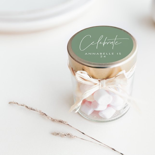 Modern minimal geometric sage green birthday classic round sticker (Creator Uploaded)