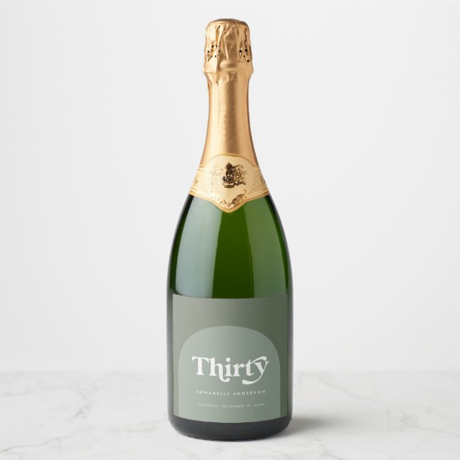 Modern minimal geometric sage green birthday sparkling wine label (Front)