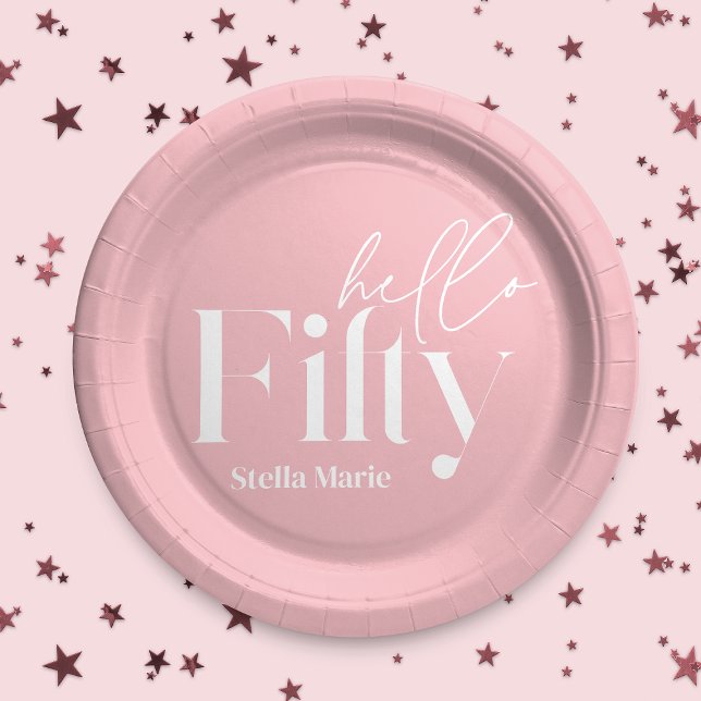 Modern minimal girly pink simple 50th birthday paper plate (Creator Uploaded)
