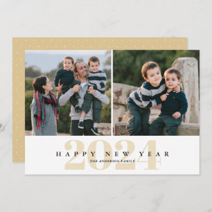 Modern Minimal Gold 2 Photo Happy New Year Holiday Card