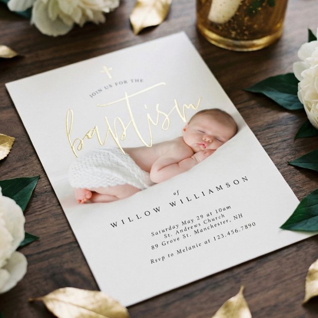 Modern Minimal Gold Calligraphy Baby Photo Baptism (Modern Minimalist Photo Baptism Gold Script Foil Invitation)