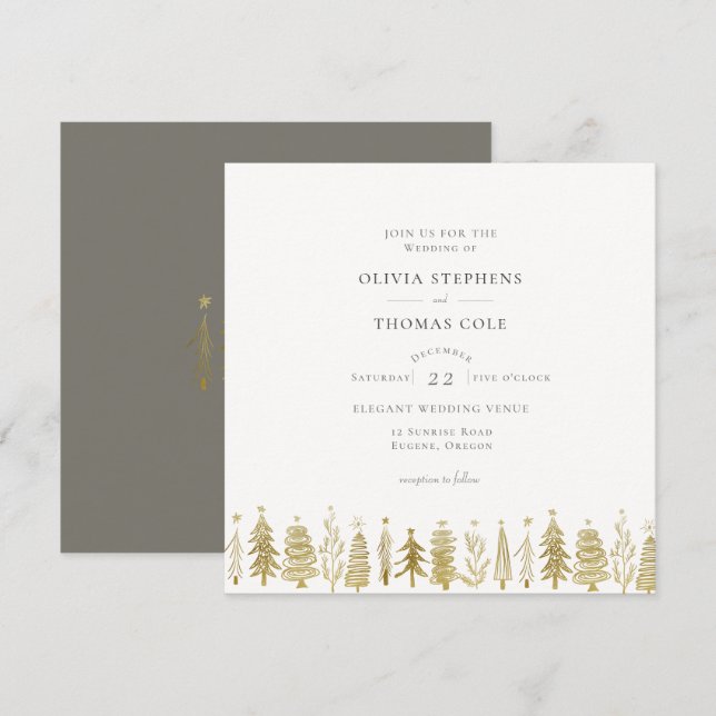 Modern Minimal Gold Christmas Trees Winter Wedding Invitation (Front/Back)